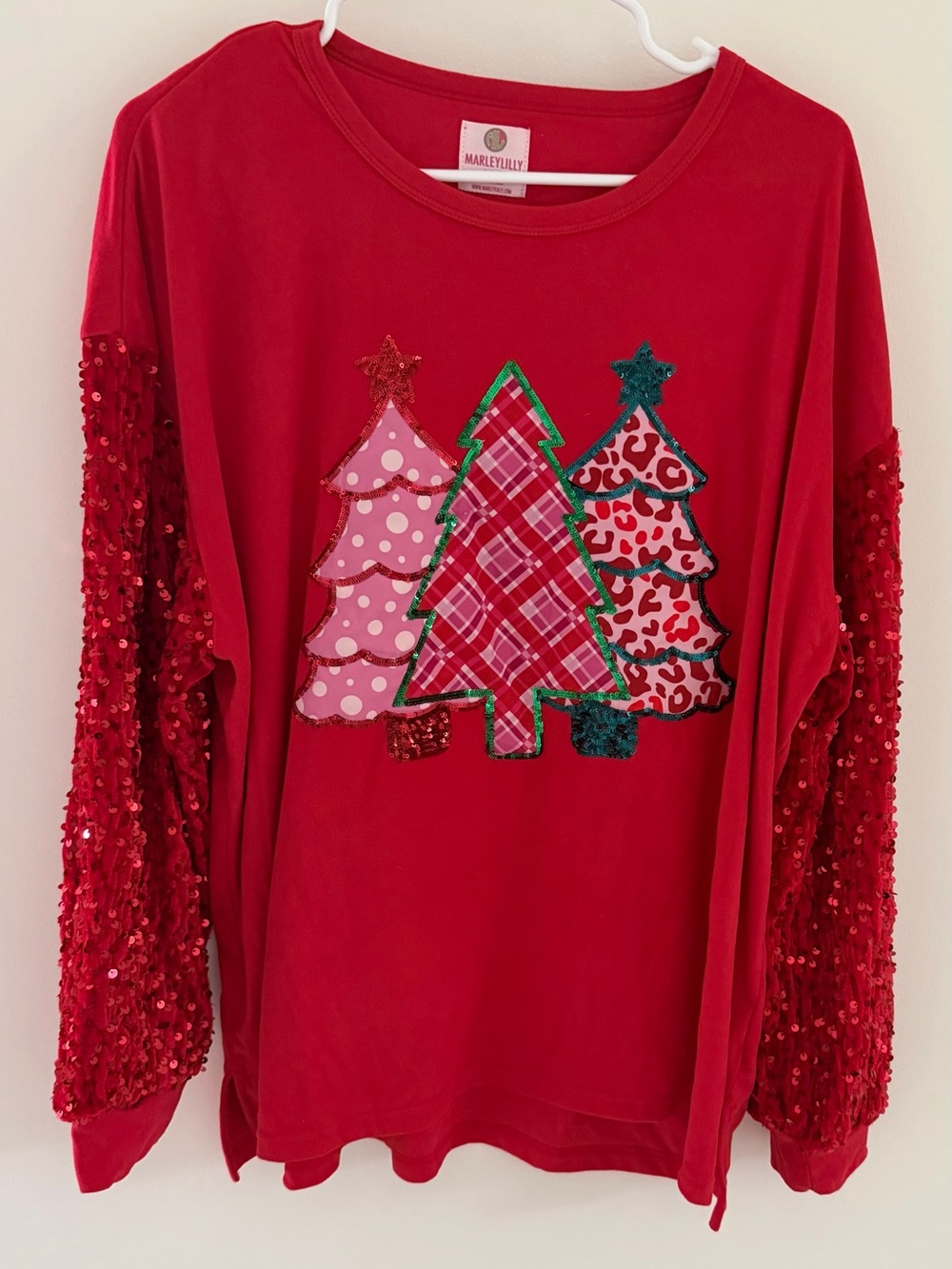 Marley Lilly Red Sequin Sleeve Christmas Tree Sweatshirt